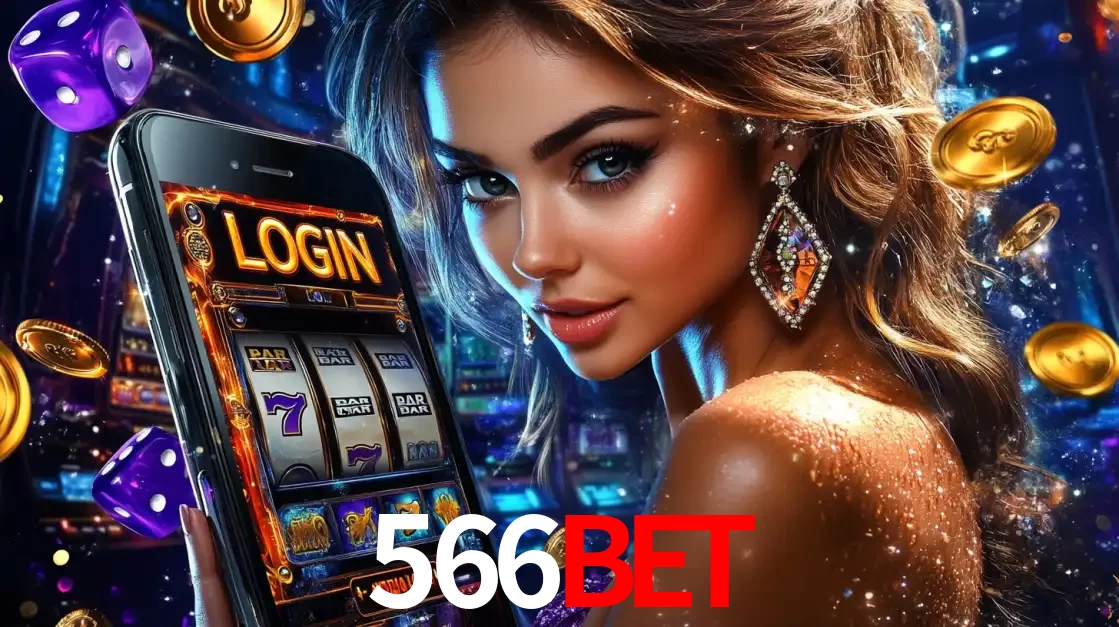 Mulher glamorosa segurando um smartphone com a tela de login para os jogos de caça-níqueis do cassino online 566bet, com moedas de ouro e dados ao redor.
