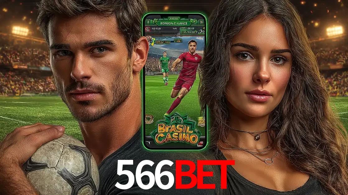 Homem segurando uma bola de futebol e uma mulher ao lado de um smartphone exibindo o jogo de apostas esportivas da 566bet. Faça seu palpite no cassino online.